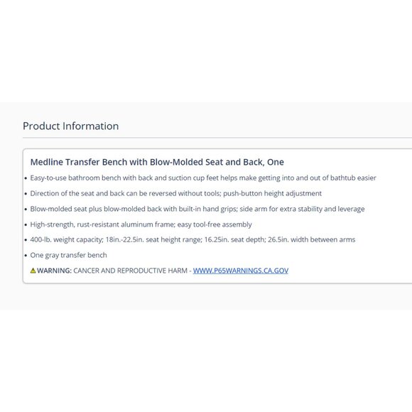 Medline Adjustable Transfer Bench for Bathtubs and Shower Slip-Resistant, 400 lb - Picture 7 of 9